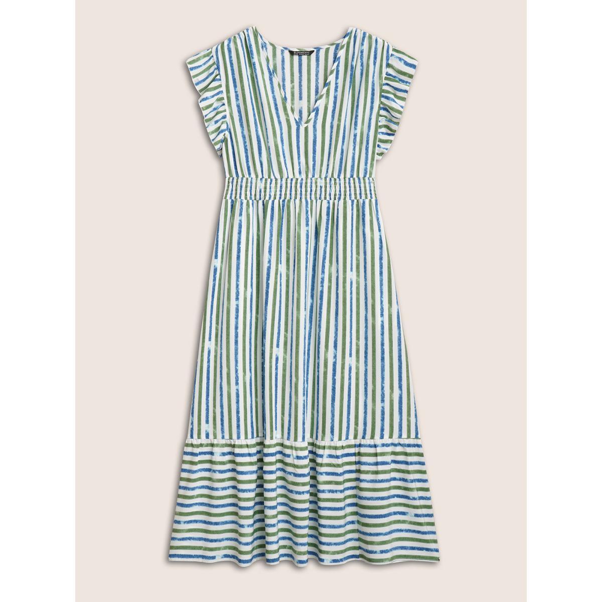 Plus Size Striped Ruffle Cap Sleeve Shirred Dress Mediumblue Women Resort Shirred V-neck Cap Sleeve Curvy BloomChic 12/L Product Image