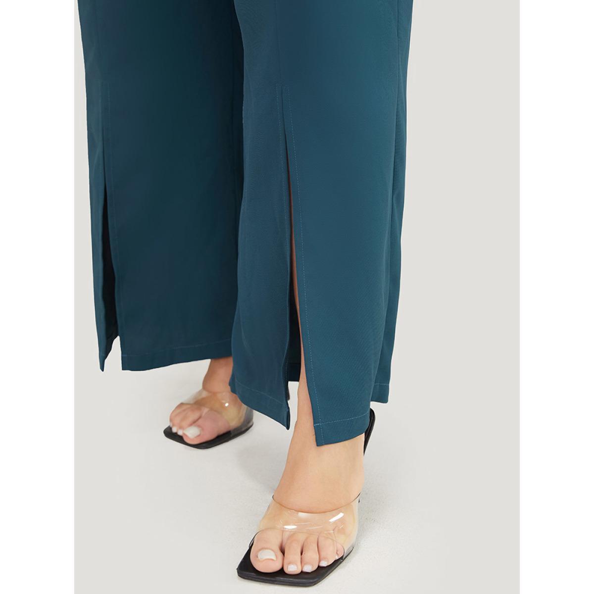 Plus Size Split Hem Elastic Waist Pocket Pants Women Cyan Office Mid Rise Work Pants BloomChic 14-16/1X Product Image