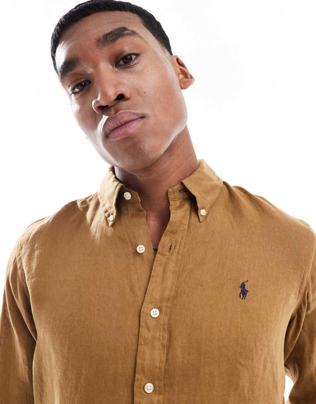 Polo Ralph Lauren icon logo linen look shirt custom fit in tan Product Image