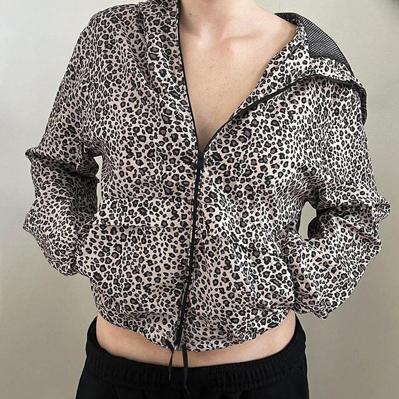 Long Sleeve Leopard Print Zip-Up Hooded Jacket Product Image