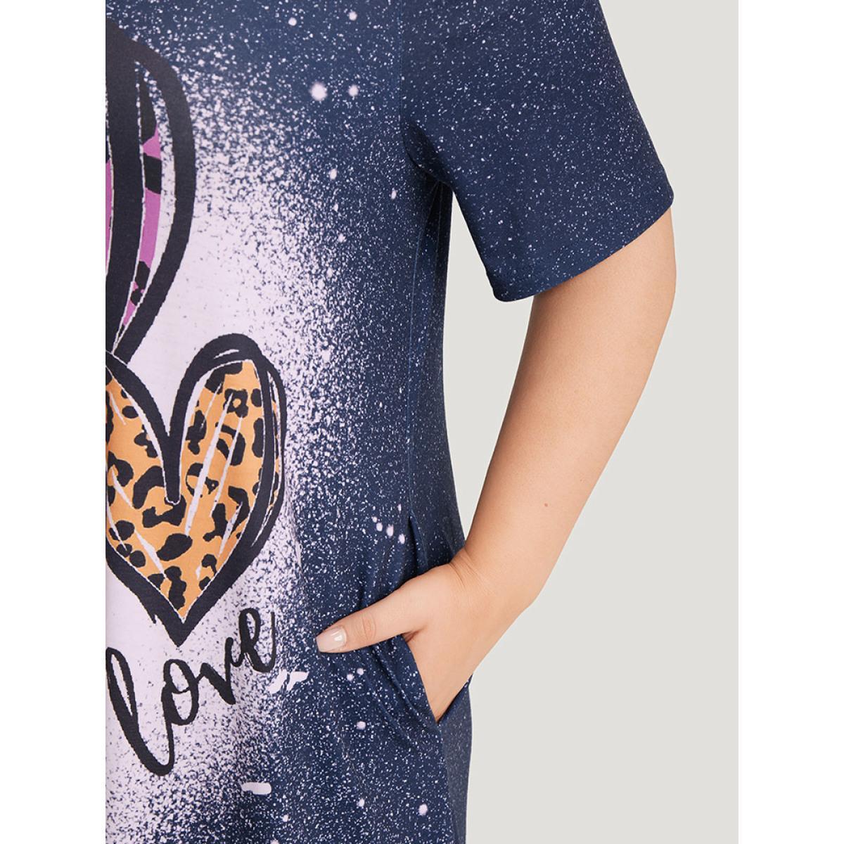 Plus Size Leopard Heart Print Pocket Arc Hem Graphic Tee Dress Stone Women Casual Printed Round Neck Short sleeve Curvy Midi Dress BloomChic 18-20/2X Product Image