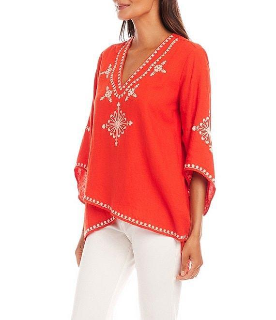 Karen Kane Petite Size Embroidered V-Neck 3/4 Flare Sleeve Asymmetrical Top Product Image