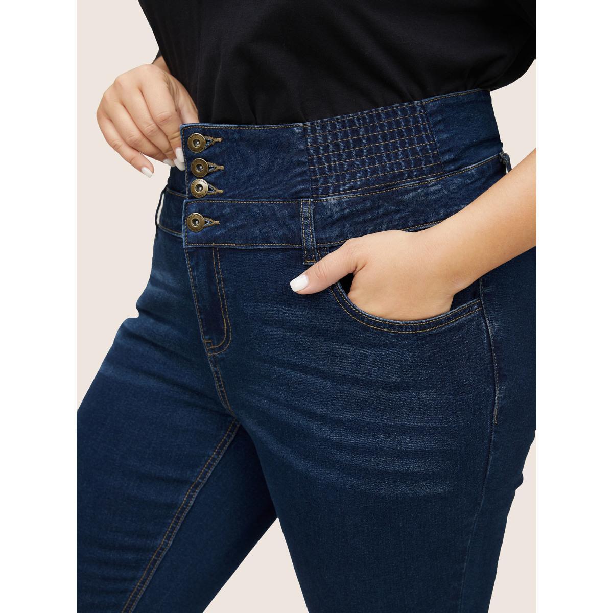 Plus Size Buckle Detail Shirred High Rise Jeans Women Indigo Casual Plain Non High stretch Slanted pocket Jeans BloomChic 10/M Product Image