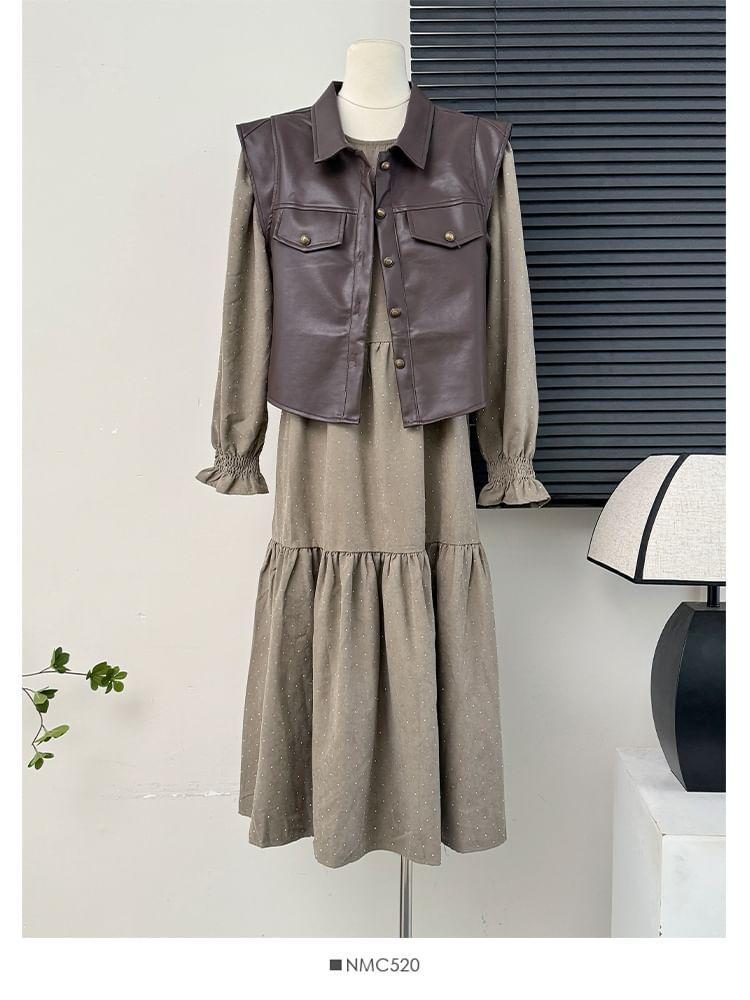 Beaded Loose A-Line Dress / Faux-Leather Vest Jacket Product Image