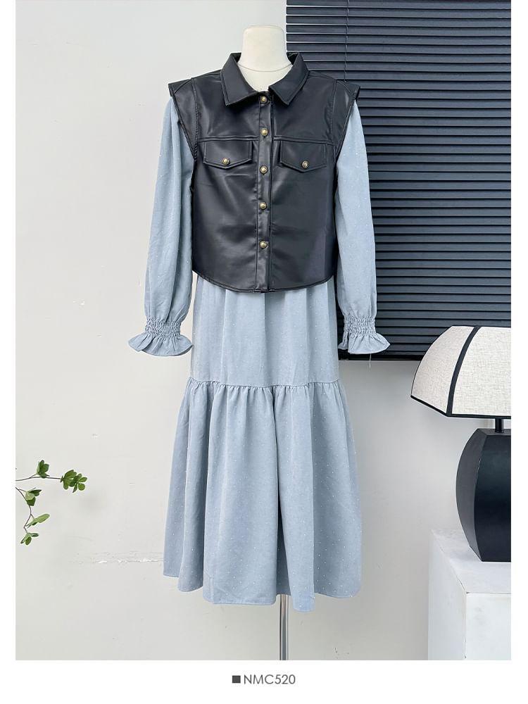 Beaded Loose A-Line Dress / Faux-Leather Vest Jacket Product Image