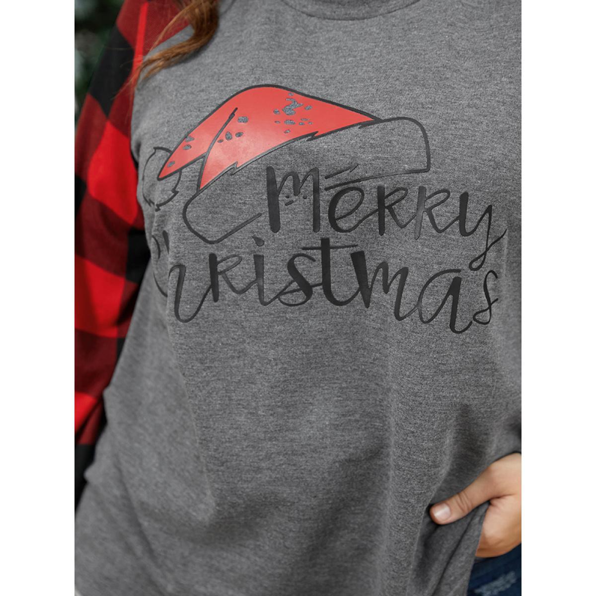 Plus Size Letter Print Round Neck Plaid Long Tee Gray Women Elegant Printed Graphic-Christmas Dailywear T-shirts BloomChic 12/L Product Image