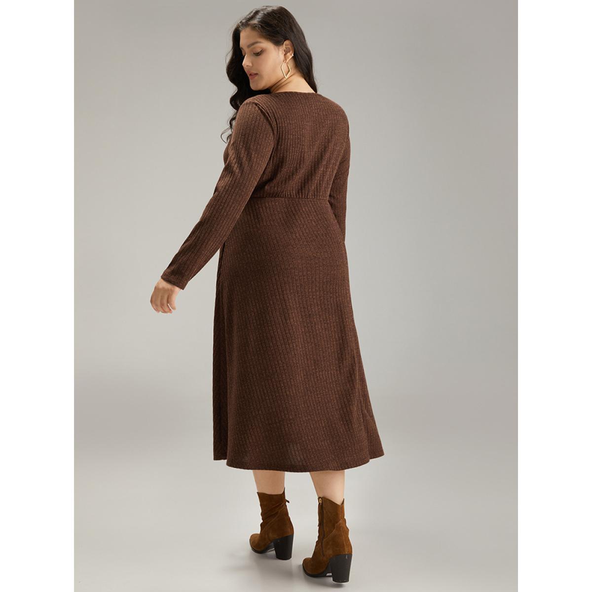 Plus Size Rib Knit Button Detail Gathered Dress DarkBrown Women Casual Texture Round Neck Long Sleeve Curvy Midi Dress BloomChic 30/6X Product Image