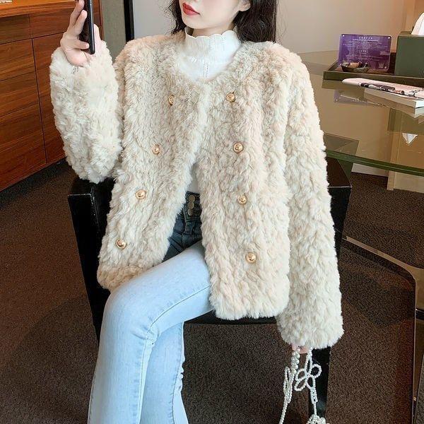 Round Neck Plain Faux Fur Double Breasted Jacket Product Image