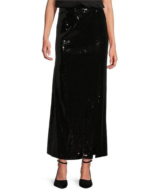 MISOOK Woven Sequin Side Slit Maxi Skirt Product Image