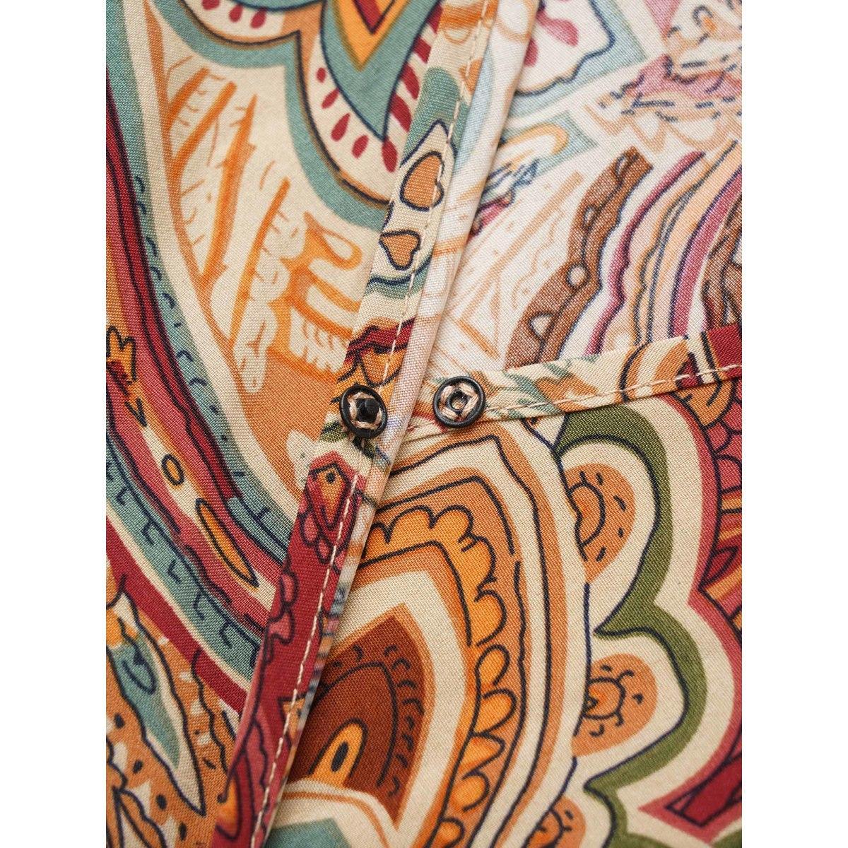 Plus Size Paisley Shirred Split Side Overlap Collar Dress Apricot Women Vacation Elastic cuffs Overlap Collar Long Sleeve Curvy Midi Dress BloomChic 12/L Product Image