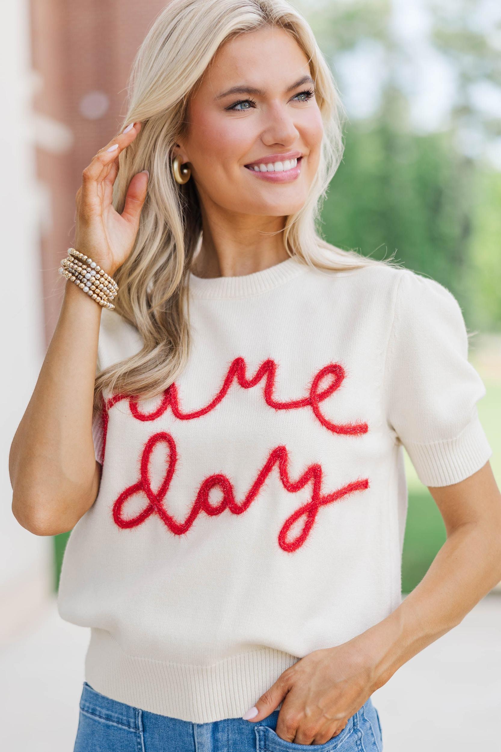 To The Stadium White and Red Game Day Puff Sleeve Sweater Female Product Image