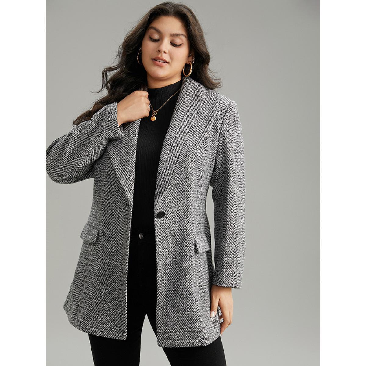 Plus Size Tweed Belted Lapel Collar Flap Pocket Coat Women Black Casual Belted Ladies Dailywear Winter Coats BloomChic 14-16/1X Product Image