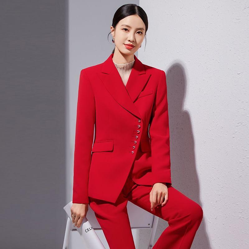 Peak Lapel Plain Asymmetrical Button-Up Blazer / Mid Rise Flared Dress Pants Product Image