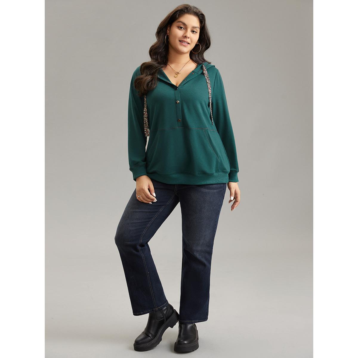 Plus Size Ditsy Floral Ties Hooded Kangaroo Pocket Sweatshirt Women Cyan Casual Contrast Hooded Dailywear Sweatshirts BloomChic 18-20/2X Product Image