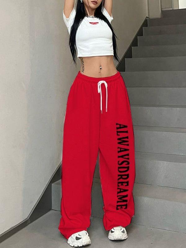 Drawstring Waist Lettering Print Wide Leg Sweatpants Product Image