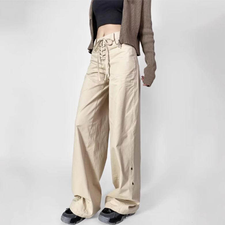 Mid Waist Plain Lace-Up Loose Fit Pants Product Image