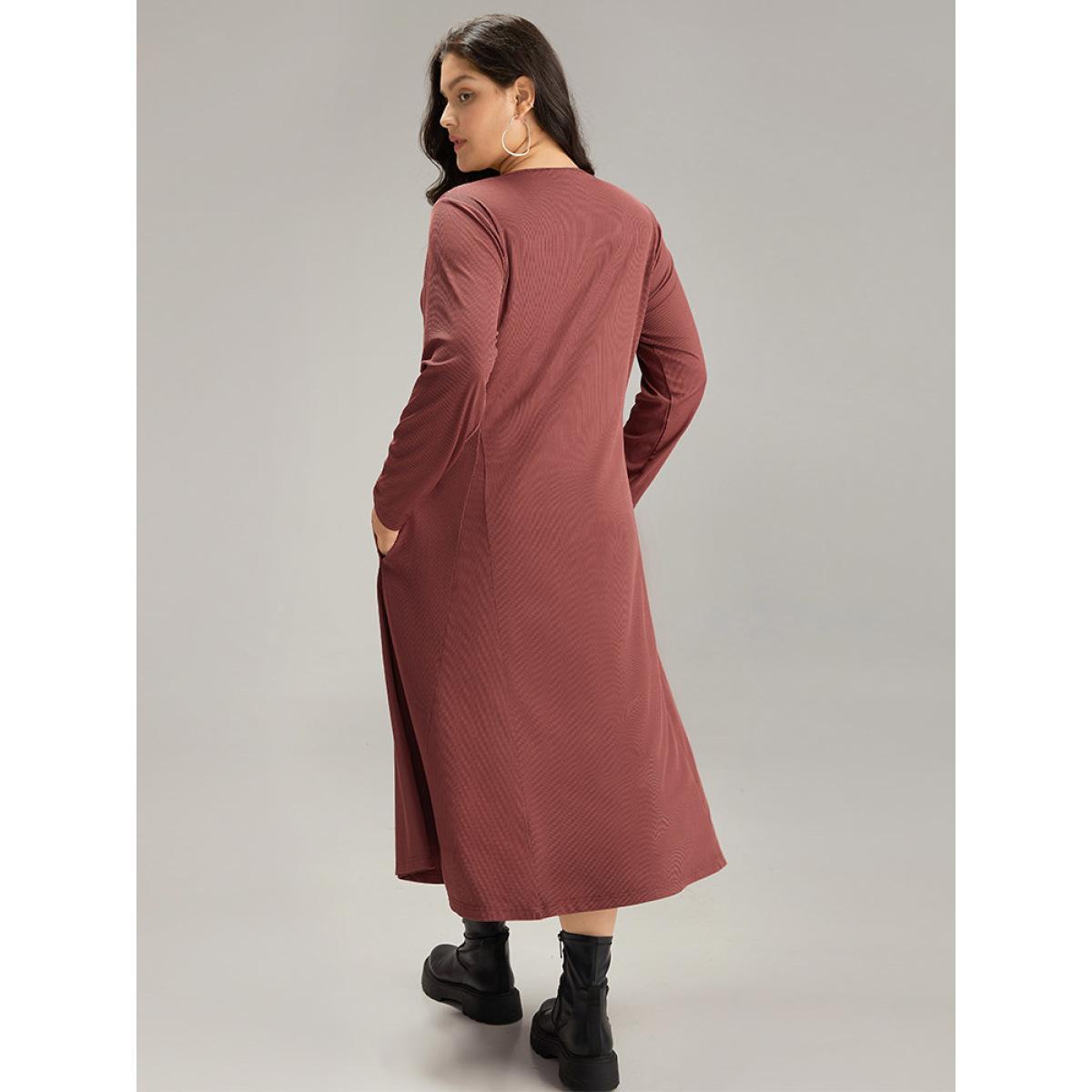 Plus Size Rib Knit Solid Button Up Pocket Ruffle Hem Dress Scarlet Women Casual Plain Round Neck Long Sleeve Curvy Midi Dress BloomChic 22-24/3X Product Image