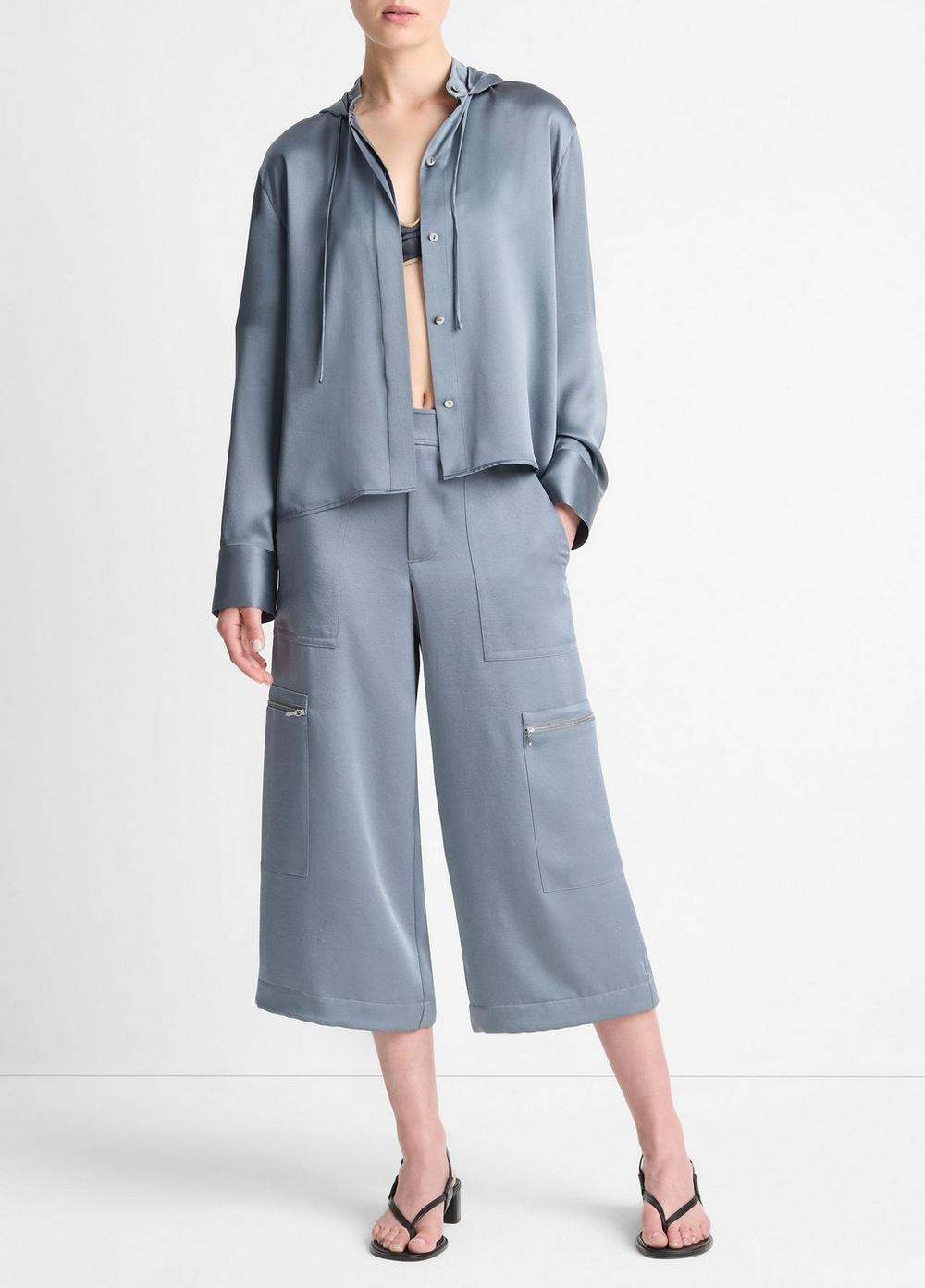 Womens Silk Hooded Button-Front Shirt, Rye, Size L Vince Product Image