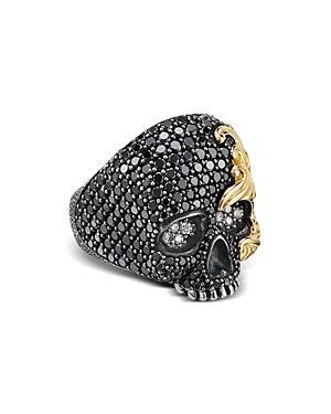 David Yurman Mens Sterling Silver & 18K Yellow Gold Waves Skull Ring with Black & White Diamonds Product Image