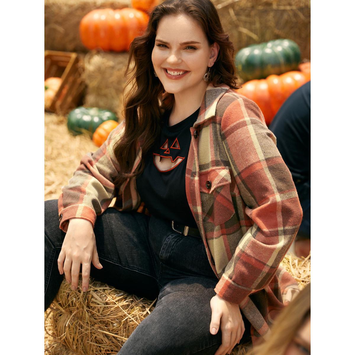 Plus Size Plaid Chest Pockets Long Jacket Women Rust Button Loose Side seam pocket Everyday Jackets BloomChic 12/L Product Image