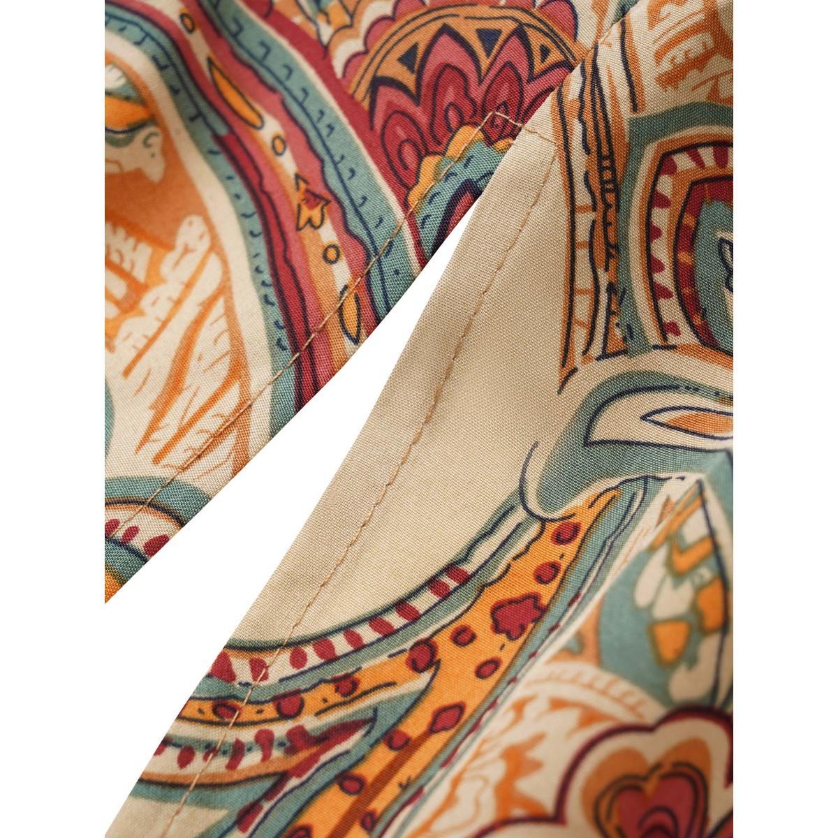 Plus Size Paisley Shirred Split Side Overlap Collar Dress Apricot Women Vacation Elastic cuffs Overlap Collar Long Sleeve Curvy Midi Dress BloomChic 26/4X Product Image