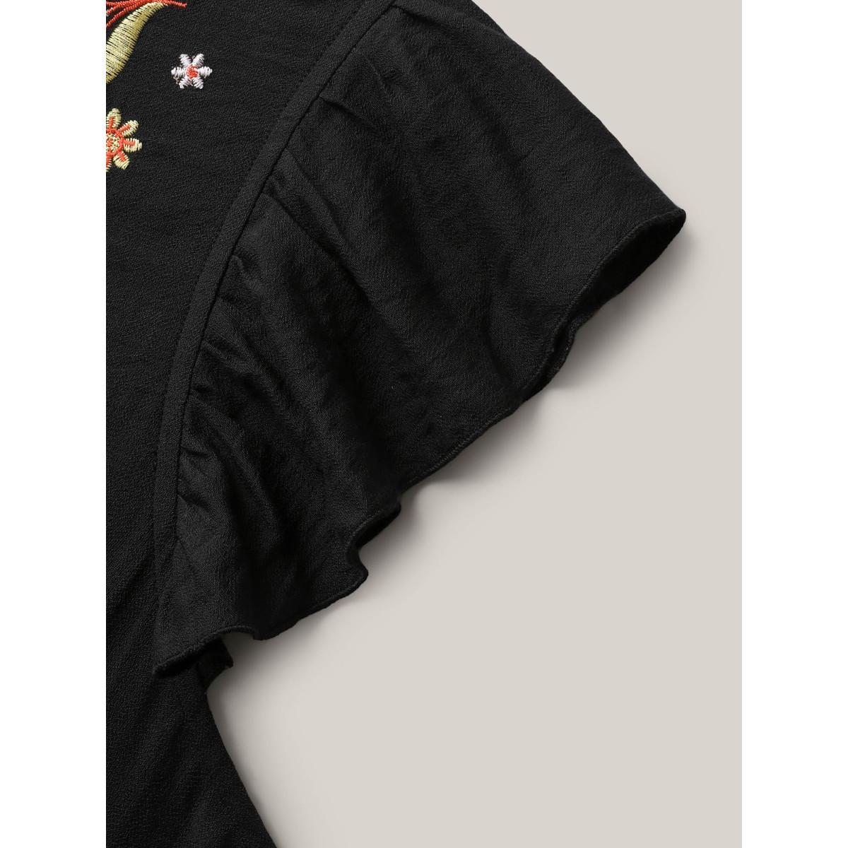 Plus Size Floral Embroidered Notched Collar Midi Dress Black Women Flat collar with V-notch Cap Sleeve Curvy BloomChic 12/L Product Image