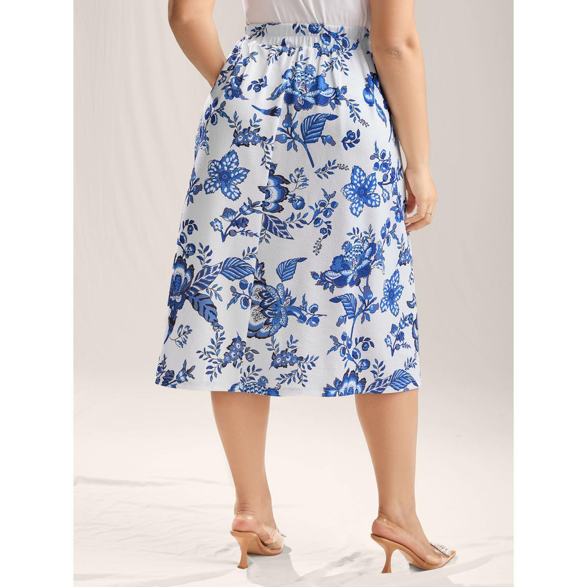 Plus Size Floral Print Flared Midi Skirt Women LightBlue Elegant Contrast Bodycon Low stretch Side seam pocket Everyday-Elegant Skirts BloomChic 30/6X Product Image