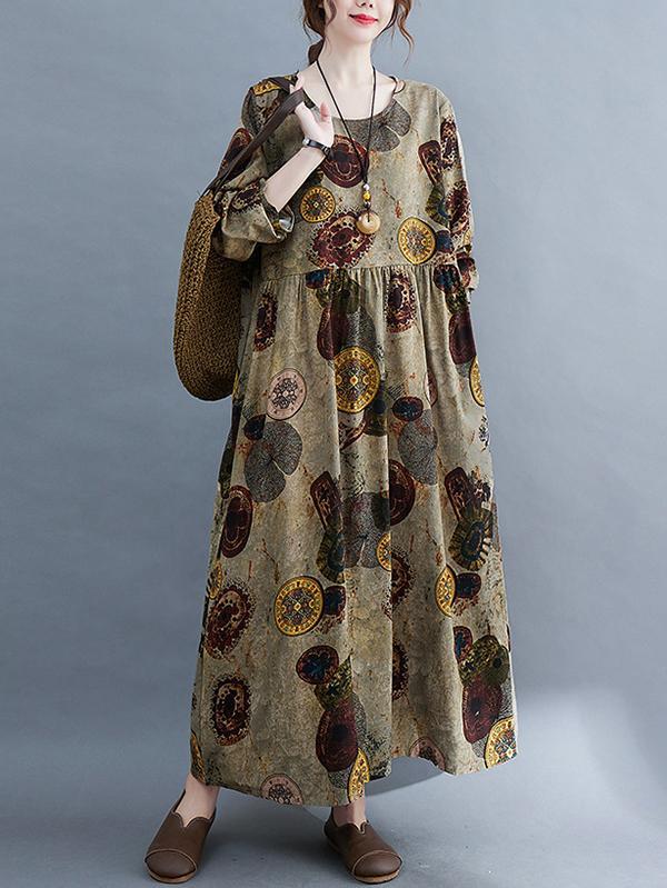 Artistic Retro Loose Long Sleeves Printed Round-Neck Maxi Dresses Product Image