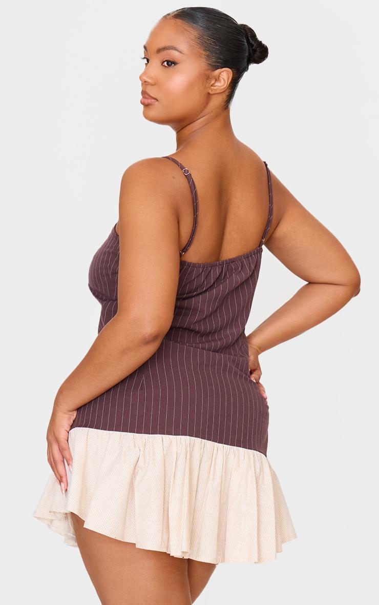 Plus Brown Contrast Pinstripe Frill Hem Shift Dress Product Image