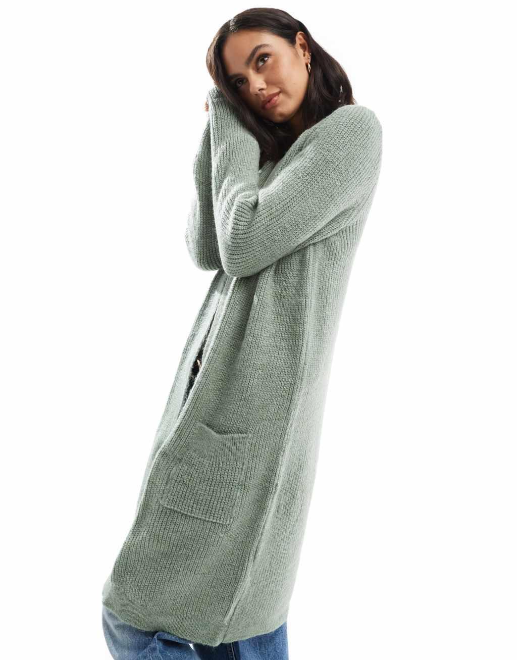 ONLY longline open cardigan in green Product Image