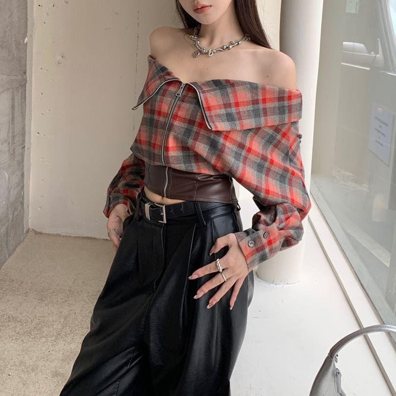 Long-Sleeve Off-Shoulder Plaid Faux Leather Panel Zip-Up Crop Blouse Product Image