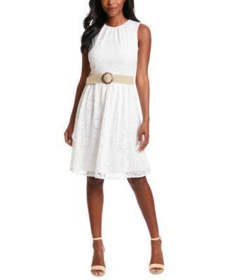London Times Womens Crochet Belted Sleeveless Dress Product Image