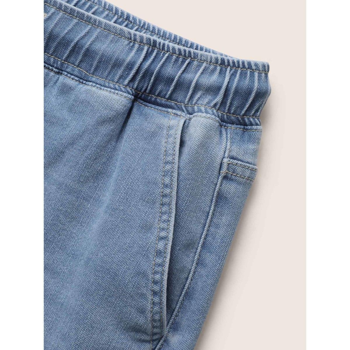 Plus Size Light Wash Elastic Waist Drawstring Denim Shorts Women Denimlightblue Drawstring Medium stretch Everyday Slanted pocket Casual Denim Shorts BloomChic 26/4X Product Image