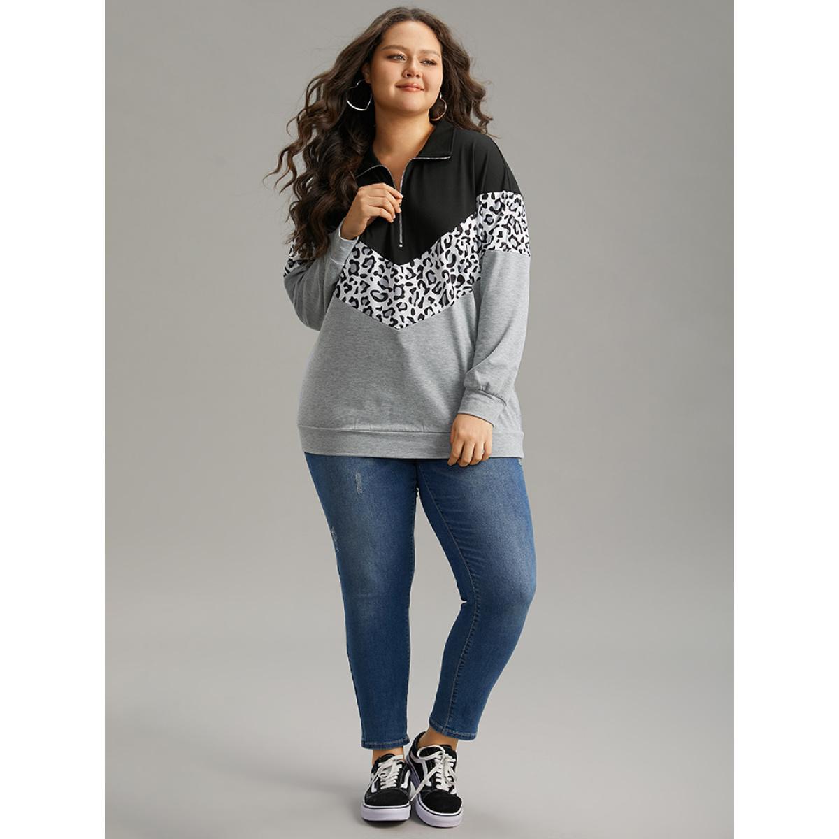 Plus Size Leopard Contrast Patchwork Half Zip Sweatshirt Women Black Casual Elastic cuffs Loose Polo Everyday Sweatshirts BloomChic 10/M Product Image
