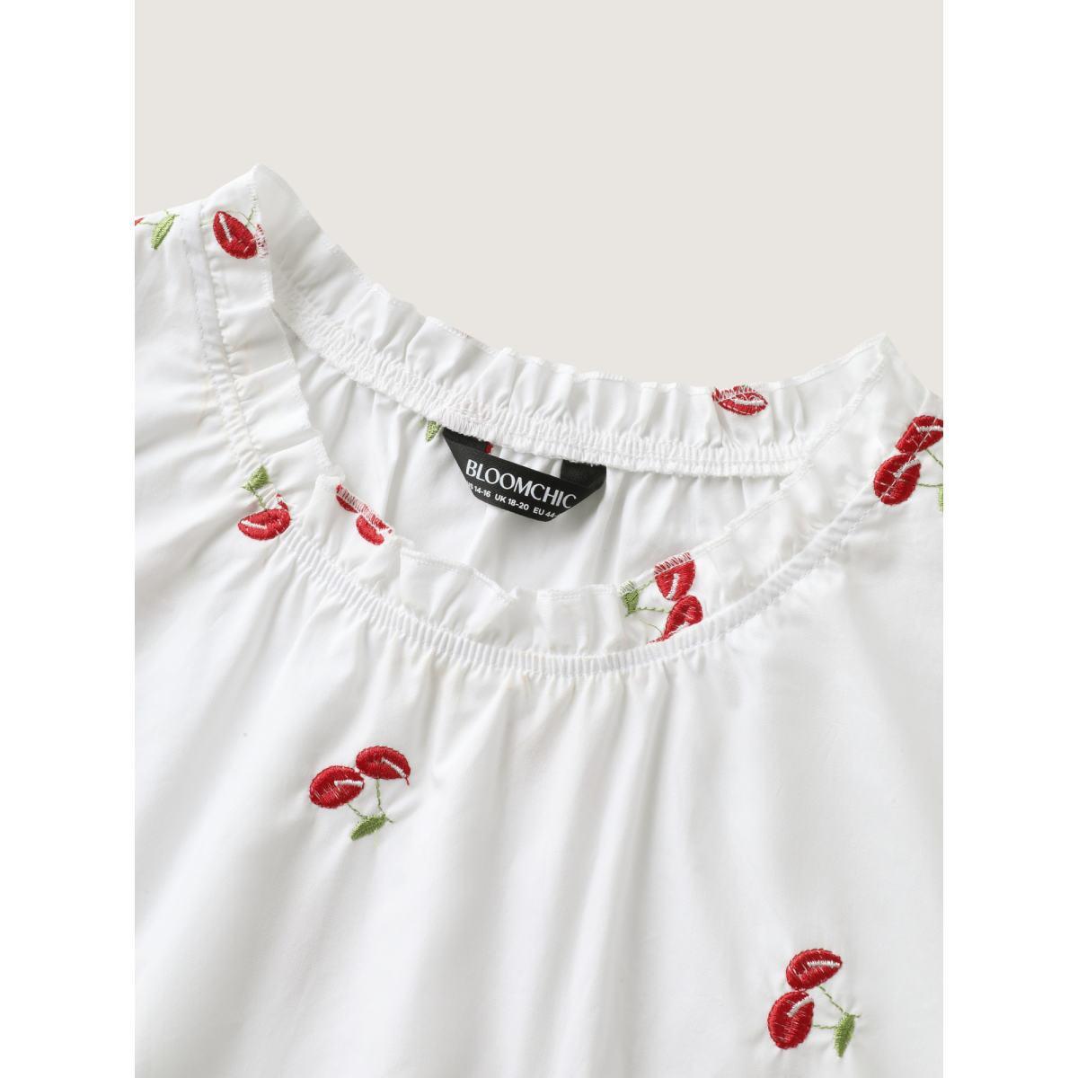 Plus Size WhiteSmoke Cotton Cherry Embroidery Ruffled Neck Blouse Women Short sleeve Round Neck Everyday-Elegant Blouses BloomChic 14-16/1X Product Image
