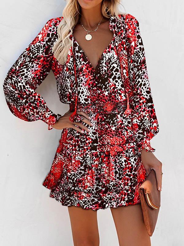 A-Line Long Sleeves Contrast Color Leopard Pleated Split-Joint Tied V-Neck Mini Dresses Product Image