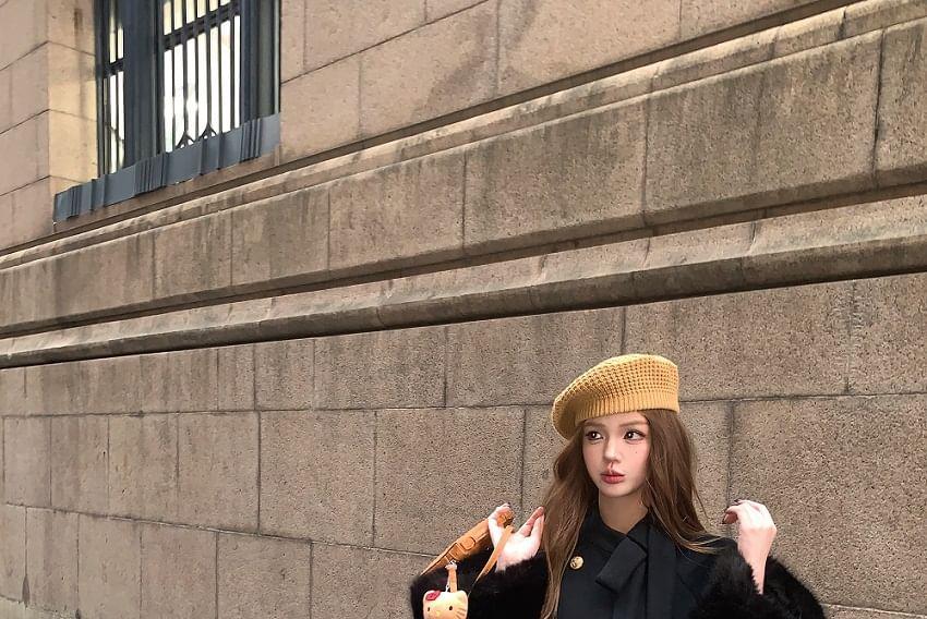 Furry-Trim Double-Breasted Wool Coat with Sash Product Image