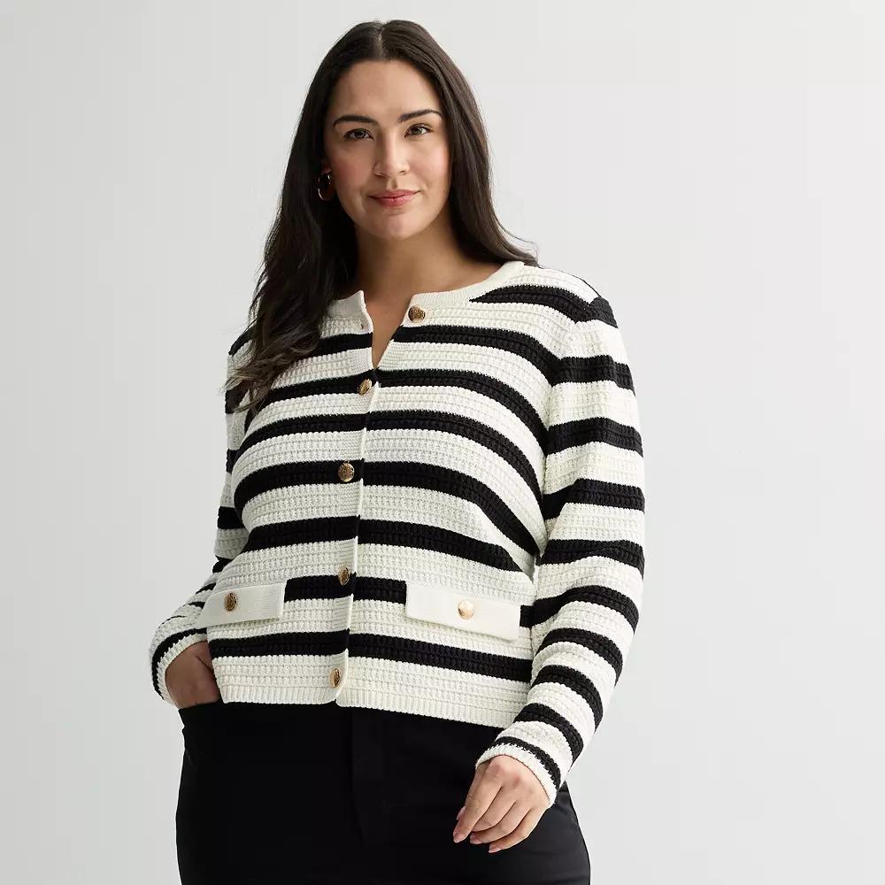 Plus Size Nine West Textured Cardigan Sweater, Women's, Size: 2XL, White Black Product Image