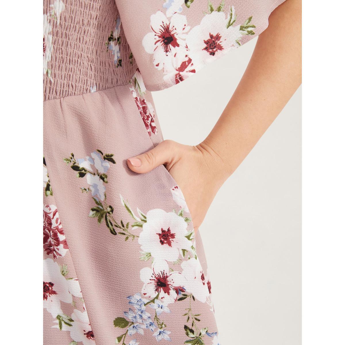 Plus Size Floral Square Neck Ruffles Pocket Shirred Split Dress DustyPink Women Elegant Non Square Neck Short sleeve Curvy BloomChic 18-20/2X Product Image