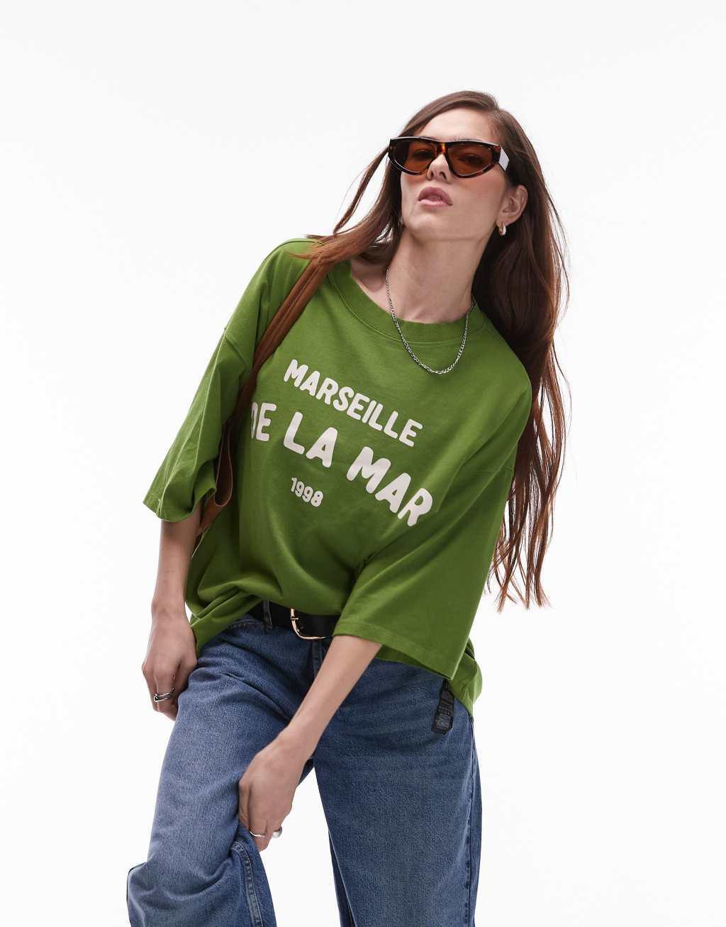 Topshop graphic De La Mar premium basic tee in green Product Image
