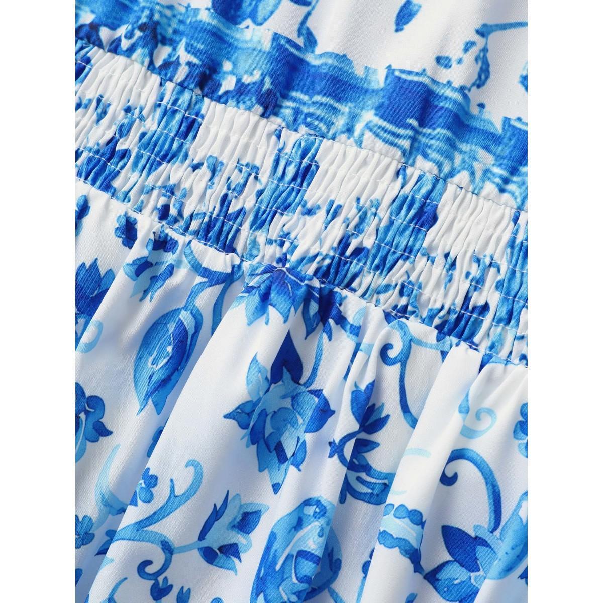 Plus Size Notched Collar Boho Print Shirred Dress Mediumblue Women Elegant Shirred Notched collar Short sleeve Curvy BloomChic 26/4X Product Image