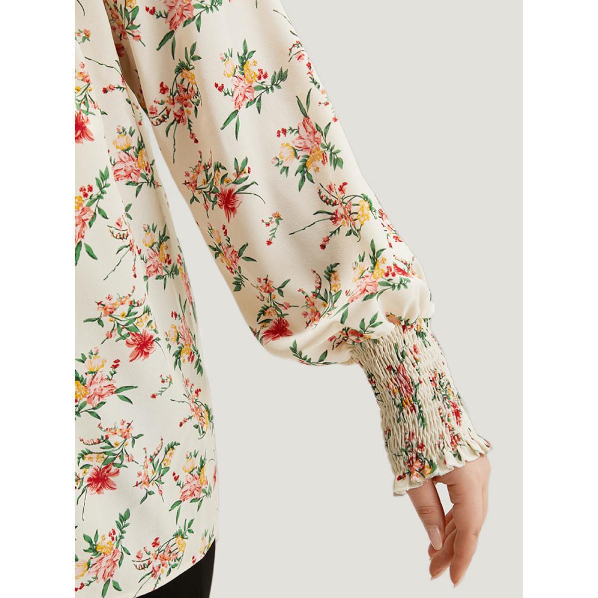 Plus Size White Floral Print Shirred Frill Trim Blouse Women Elegant Long Sleeve Round Neck Dailywear Blouses BloomChic 18-20/2X Product Image