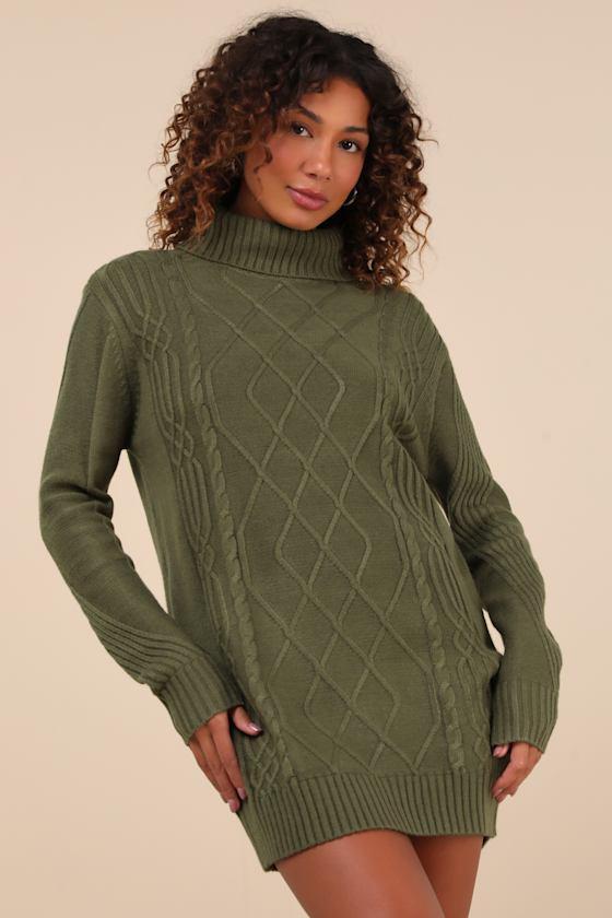 Cuddle Up Close Olive Green Cable Knit Turtleneck Sweater Dress Product Image