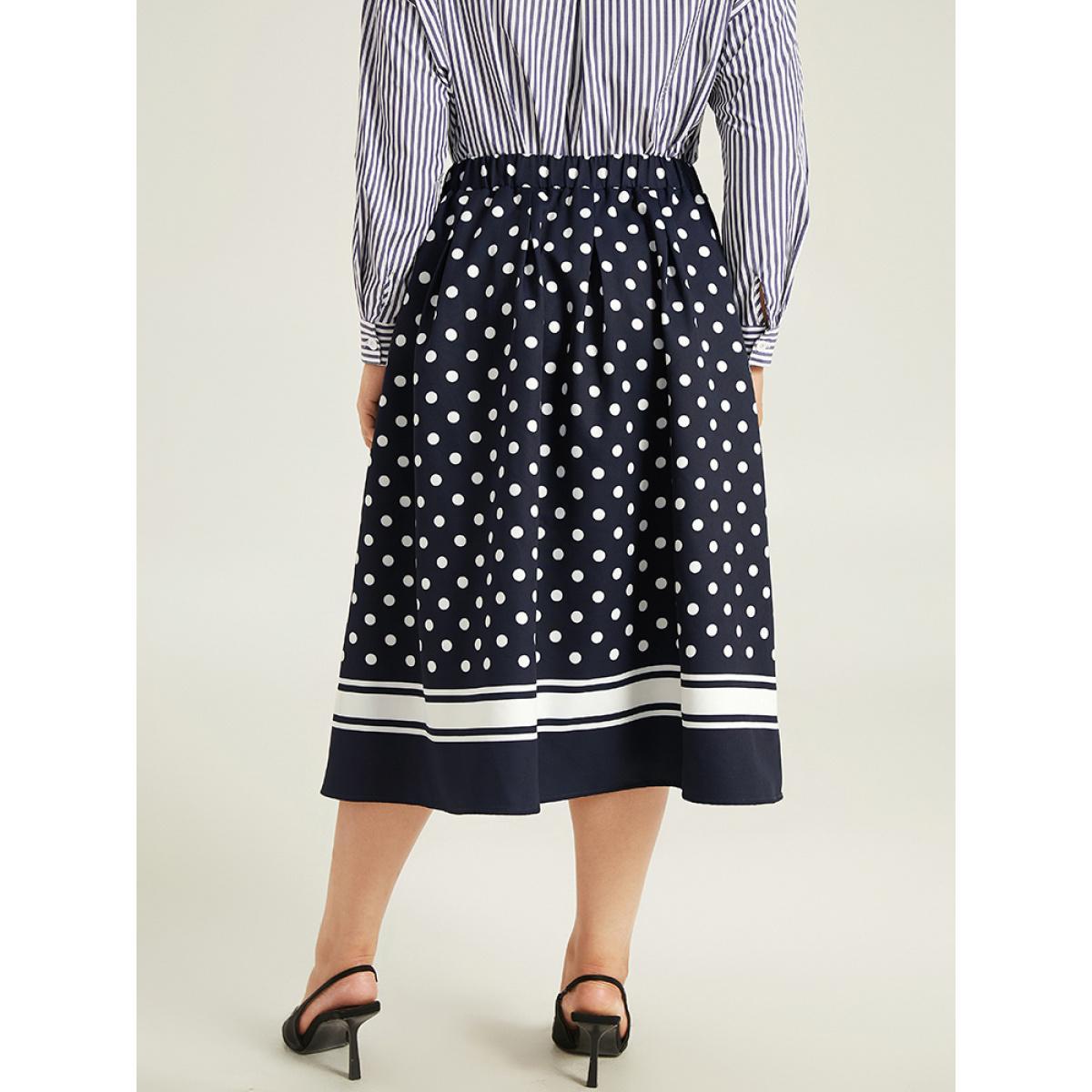 Plus Size Polka Dot Elastic Waist Contrast Skirt Women Indigo Office A-line No stretch Pocket Work Skirts BloomChic 30/6X Product Image