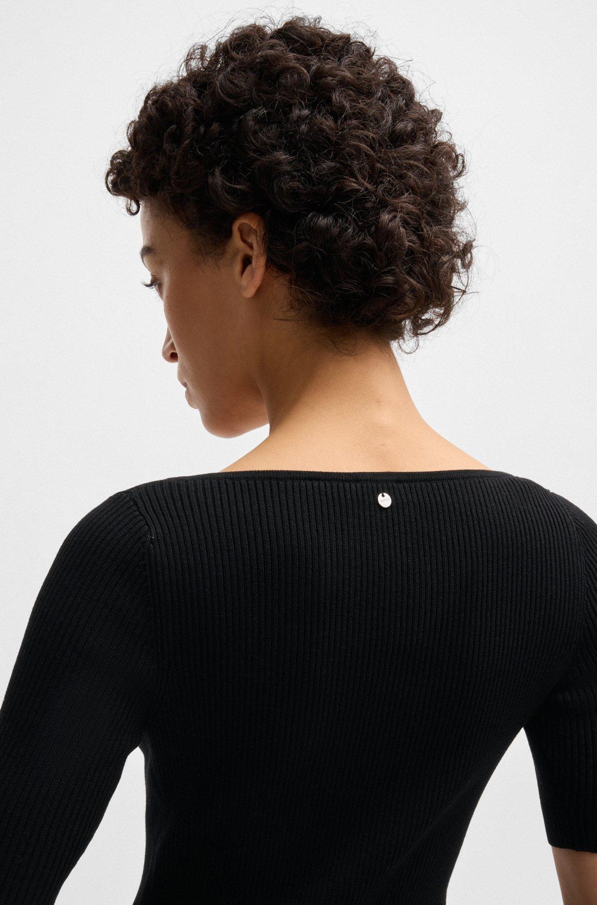 BOSS - Knitted dress with V neckline in stretch yarns - Black Product Image