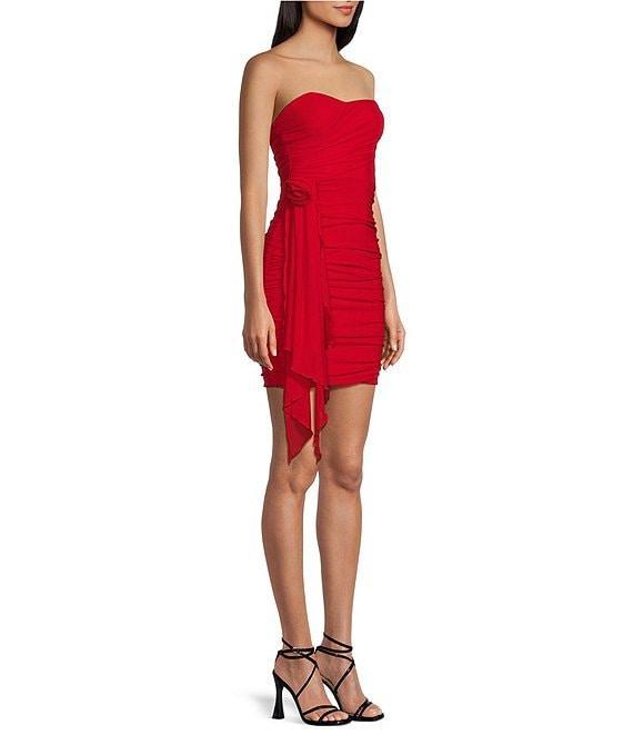 Lulus Mesh Ruched Strapless Rosette Mini Dress Product Image