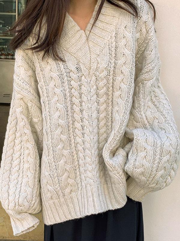 V Neck Pullover Cable Knit Sweater Product Image