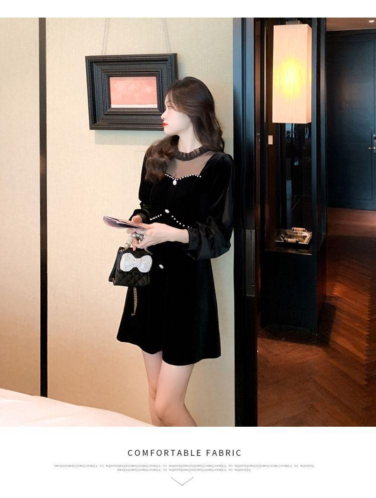 Long-Sleeve Beaded Velvet Mini A-Line Dress Product Image