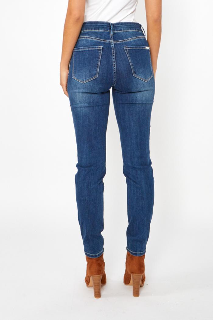 Denim blue jean with beaded silver/white flower embroidery Product Image