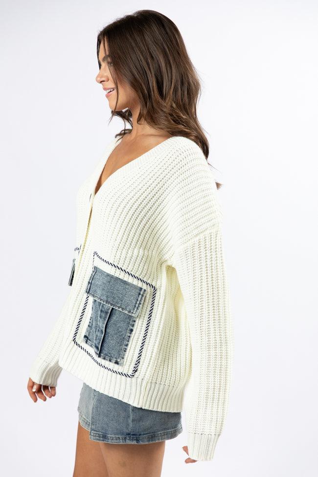 Living For Today Ivory Denim Pocket Cardigan FINAL SALE Product Image